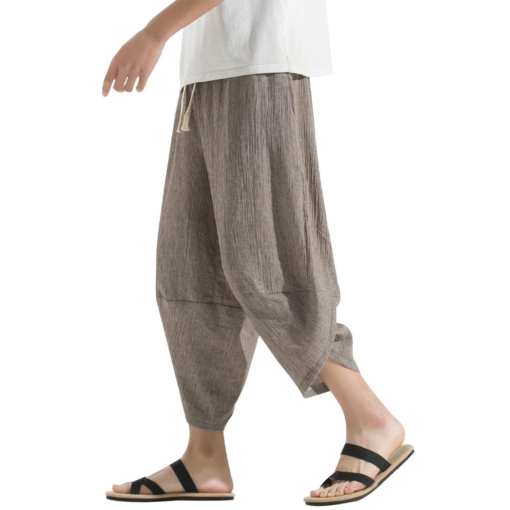 BesBet Sarouel Aladdin Summer Length Wide Leg Plus Sizes Loose Cool Linen Ethnic Hakama Cropped Men's Pants, Pants, Trousers, 3/4 Pants, Available,