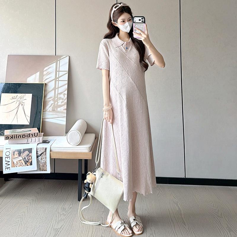 Elegant Plus Size Knit Maternity Dress - Solid Color, Short Sleeve, Summer 2026