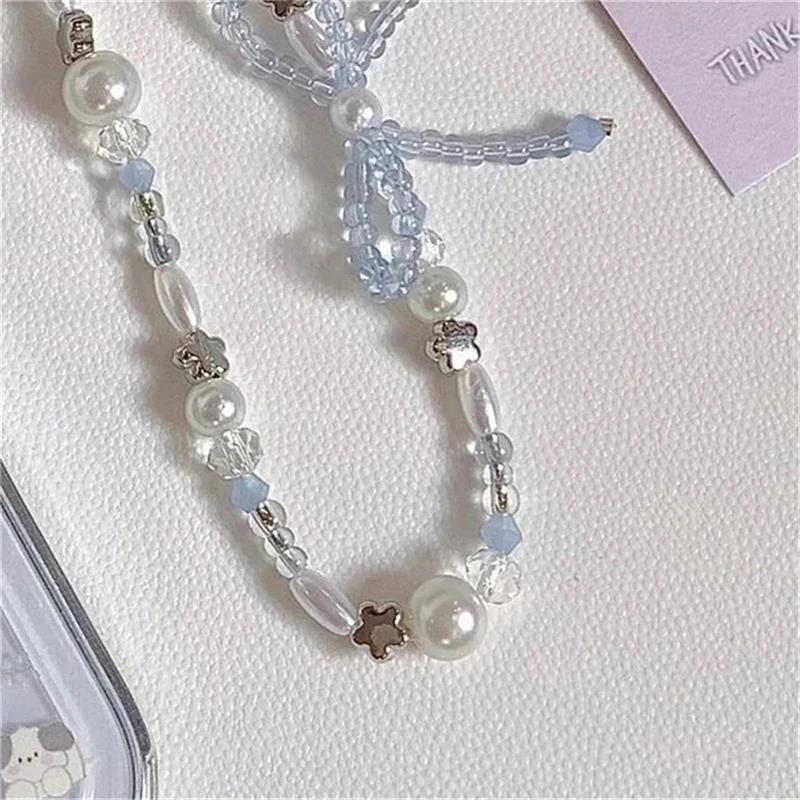 Korean Cute Bowknot Star Pearl Pendant Beaded Phone Charm For iPhone Accessrioes Universal Lanyard Girl Jewelry Hanging Rope 1