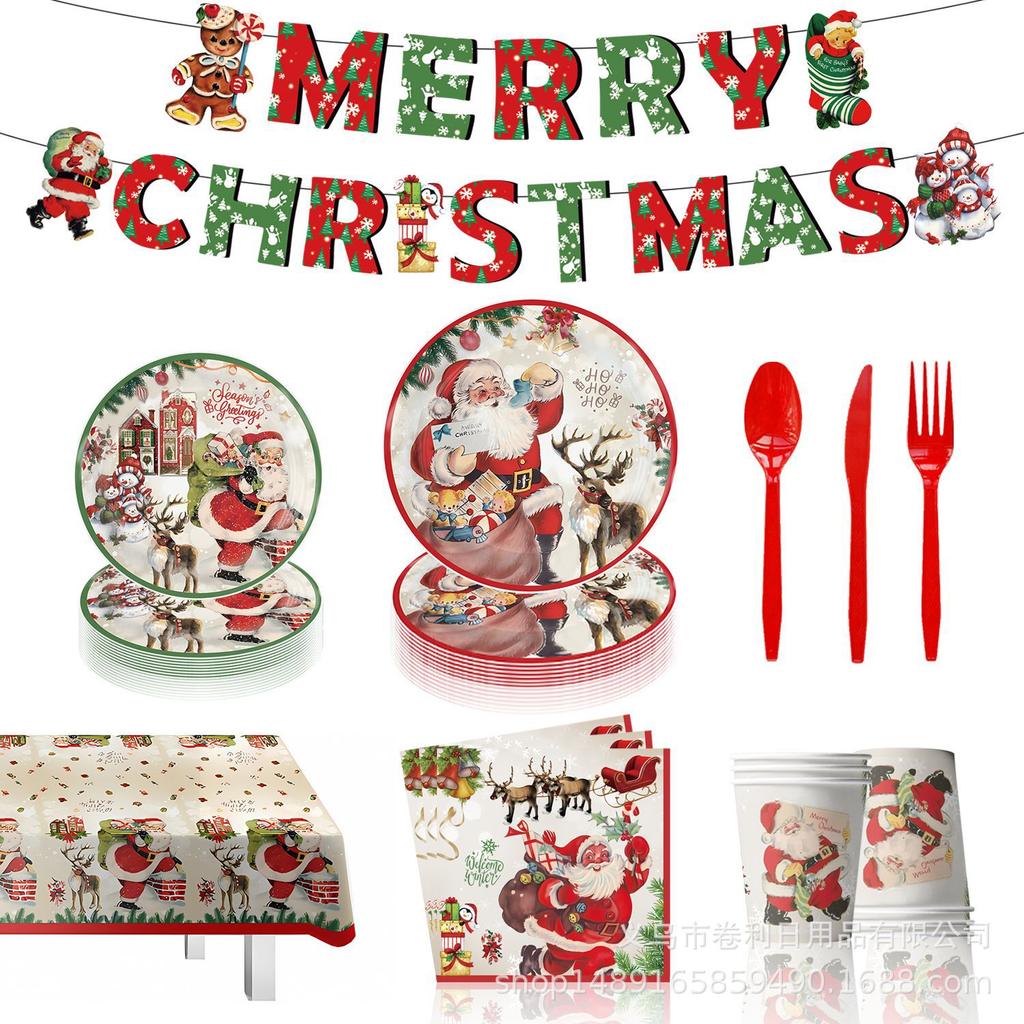 Christmas Themed Party Supplies Santa Decoration Tableware Disposable Paper Plates Paper Cups Paper Towels Flag Tablecloth