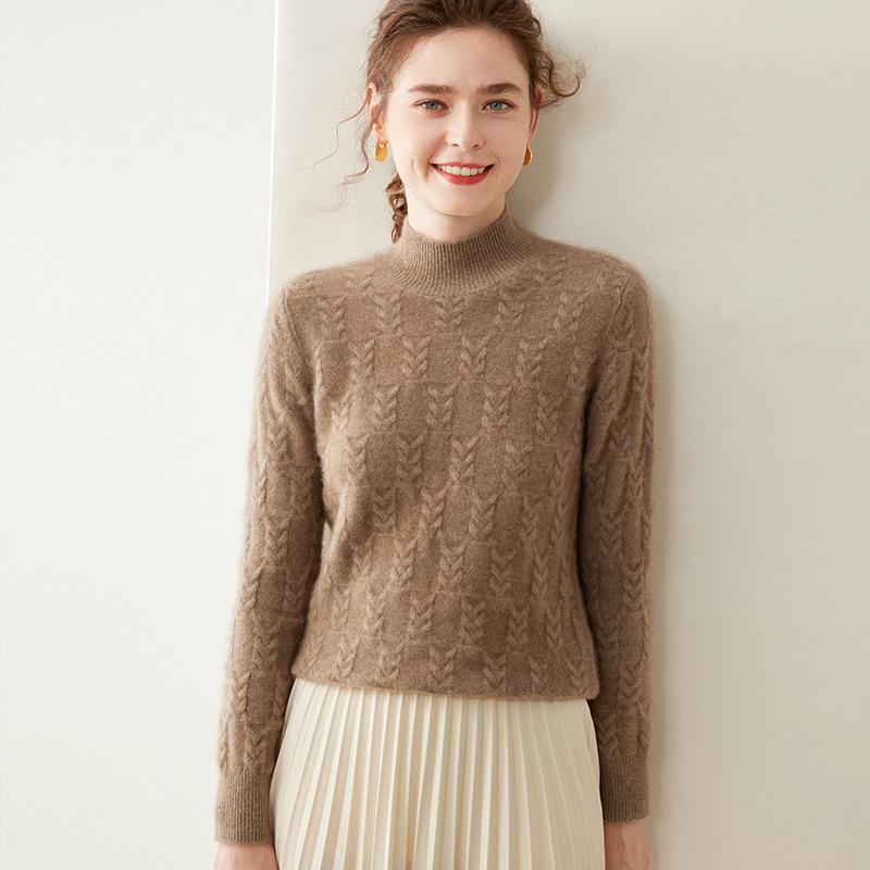 Women's Heavyweight Cashmere Cable Knit Top, Long Sleeve, Semi-High Neck, Loose, Warm Sweater for Autumn/Winter.
