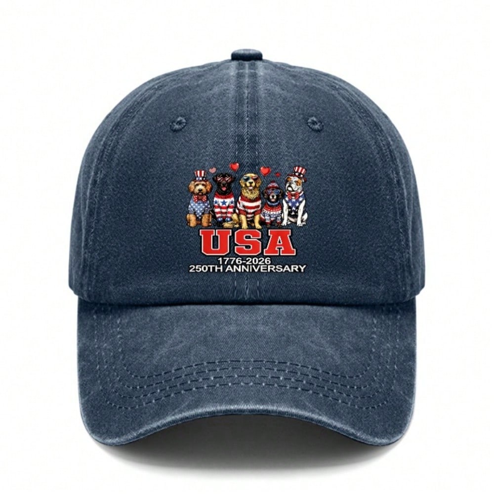 [USA Dog Print Baseball Cap] Vintage Washed Adjustable Hat Unisex Breathable Soft Polyester Casual Outdoor Sports For 250Th Anniversary Celebration