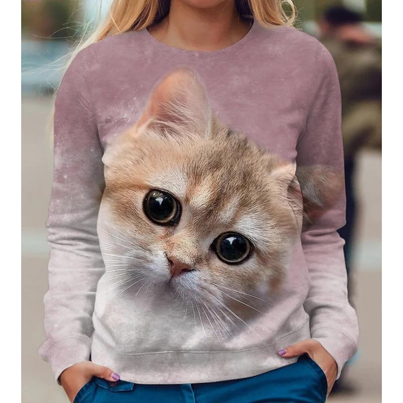 Höst 3D Katt Tryckta Sweatshirts Trendiga Casual Sport Långärmade Dam Sweatshirts