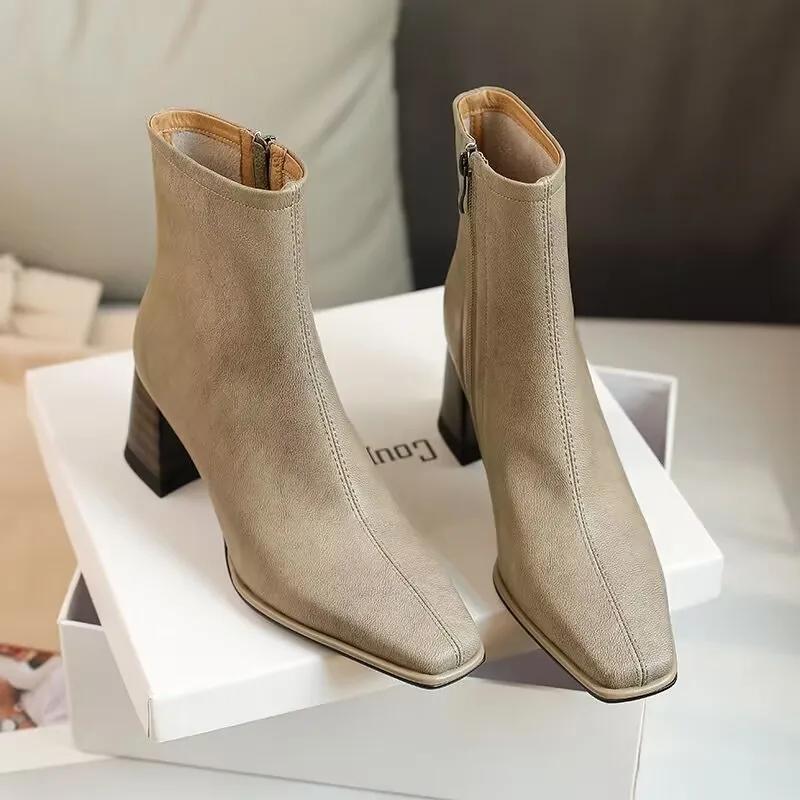 New Women Ankle Boots Square Head Suede Thick Heel Single Boots Low Barrel Mid Heel Side Zipper Solid Color Women Boots