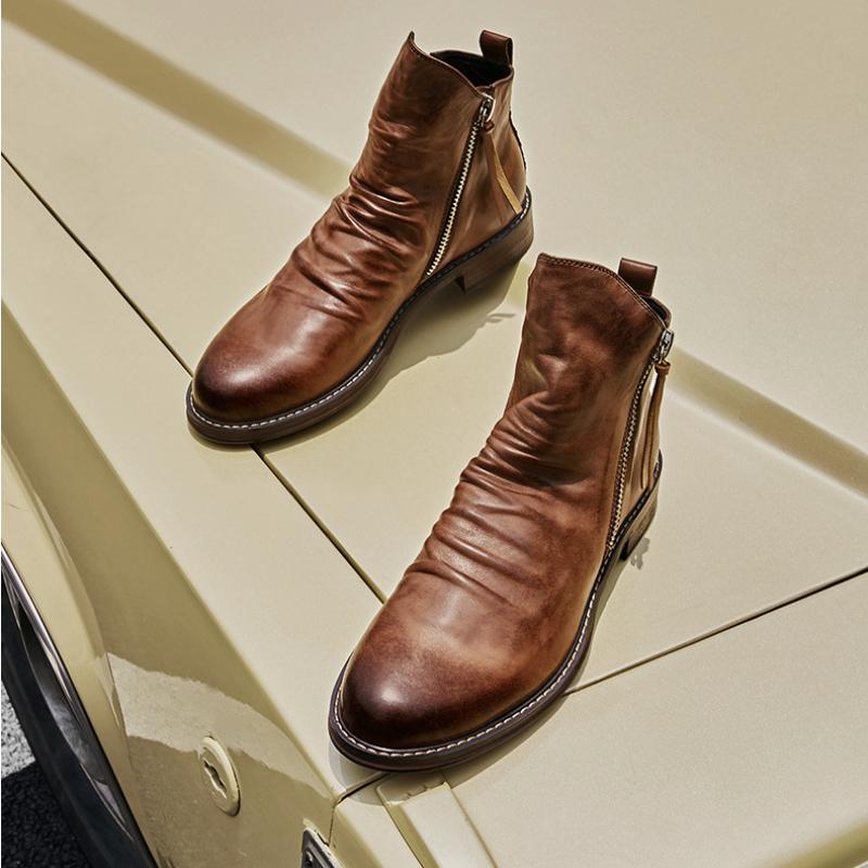 Men's Leather Chelsea Boots Double Side Zipper Round Toe Casual Outdoor Walking Platform Boots Casual Non-slip Shoes