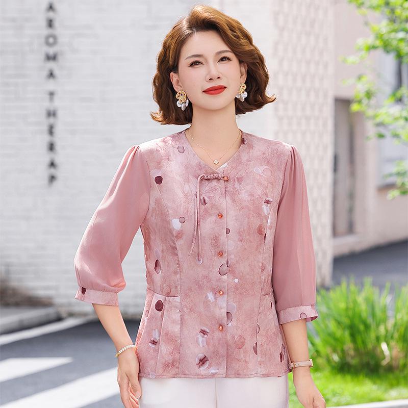 Middle-Aged Women's Plus Size Summer Top, Age-Reducing, Three-Quarter Sleeve, Chinese Style