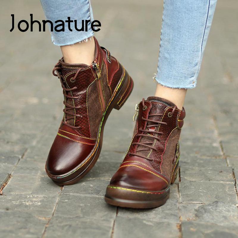 Johnature Genuine Leather Retro Shoes Women Boots Zip Round Toe Mixed Colors Sewing Handmade Concise Platform Boots