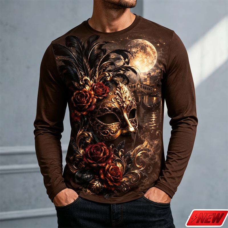 Long Sleeve T Shirt Men Vintage Mask Dark Rose 3d Print Feather Moonlight Graphic Tee Festival Party Streetwear Casual Goth Tops