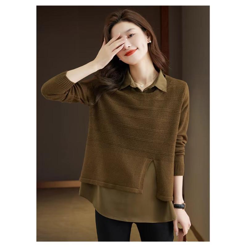 Korean Fake Two-piece Shirt Knitted Women's Spring Autumn Fashion Loose Sweater Bottoming Shirt Knitwear
