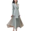 Gray-Blue Double-Breasted Jacket & Irregular Pleated Skirt Set - Autumn Color Block Fashion for Women