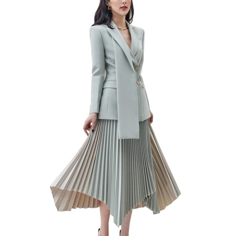 Gray-Blue Double-Breasted Jacket & Irregular Pleated Skirt Set - Autumn Color Block Fashion for Women