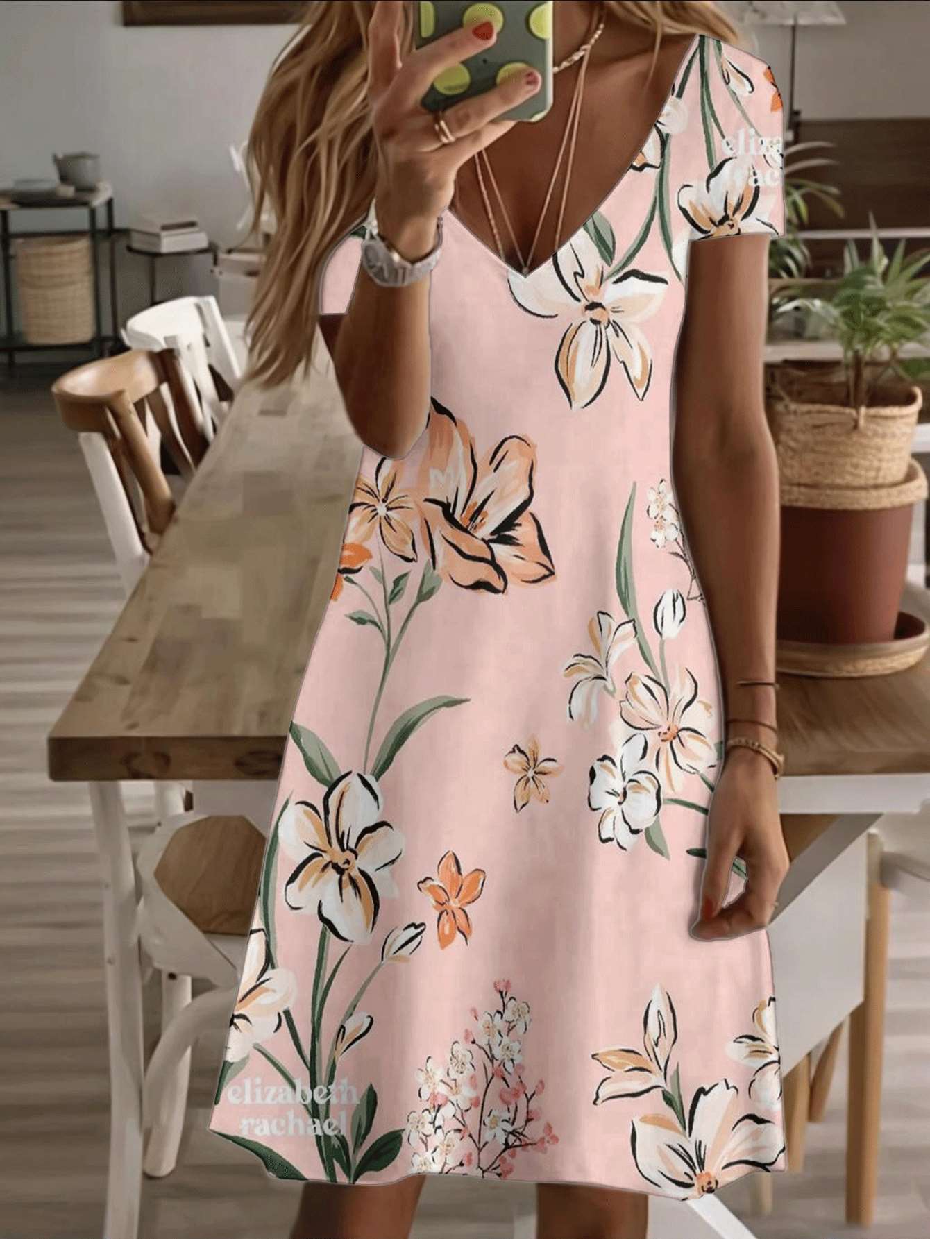 

Vneck shortsleeve midi dress floral lily print pattern 3D premium printing durable casual fashion women summer elegant pink beach outfit stylish comfo S дубильна кора