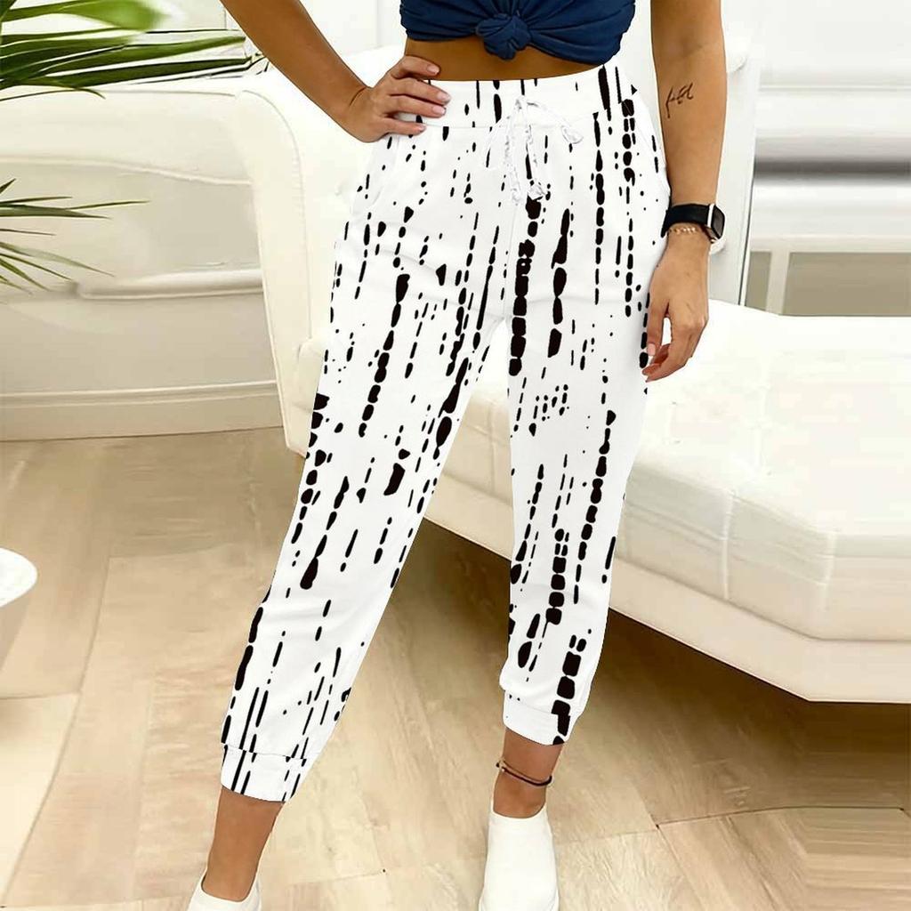 Summer Ladies Geometric Line Printed Sweatpants Loose Fit Drawstring Joggers Elastic Cuff Daily Casual Pants