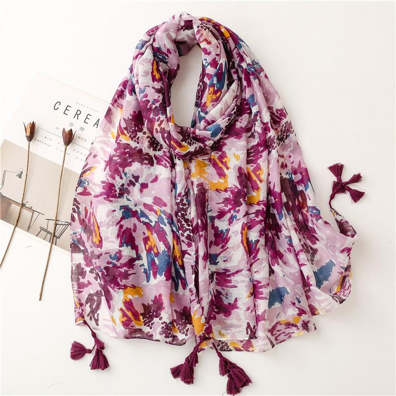 Spain Lovely Polka Floral Line Tassel Viscose Shawl Scarf Lady High Quality Wrap Thin Pashmina Stole Muslim Hijab 180*90Cm
