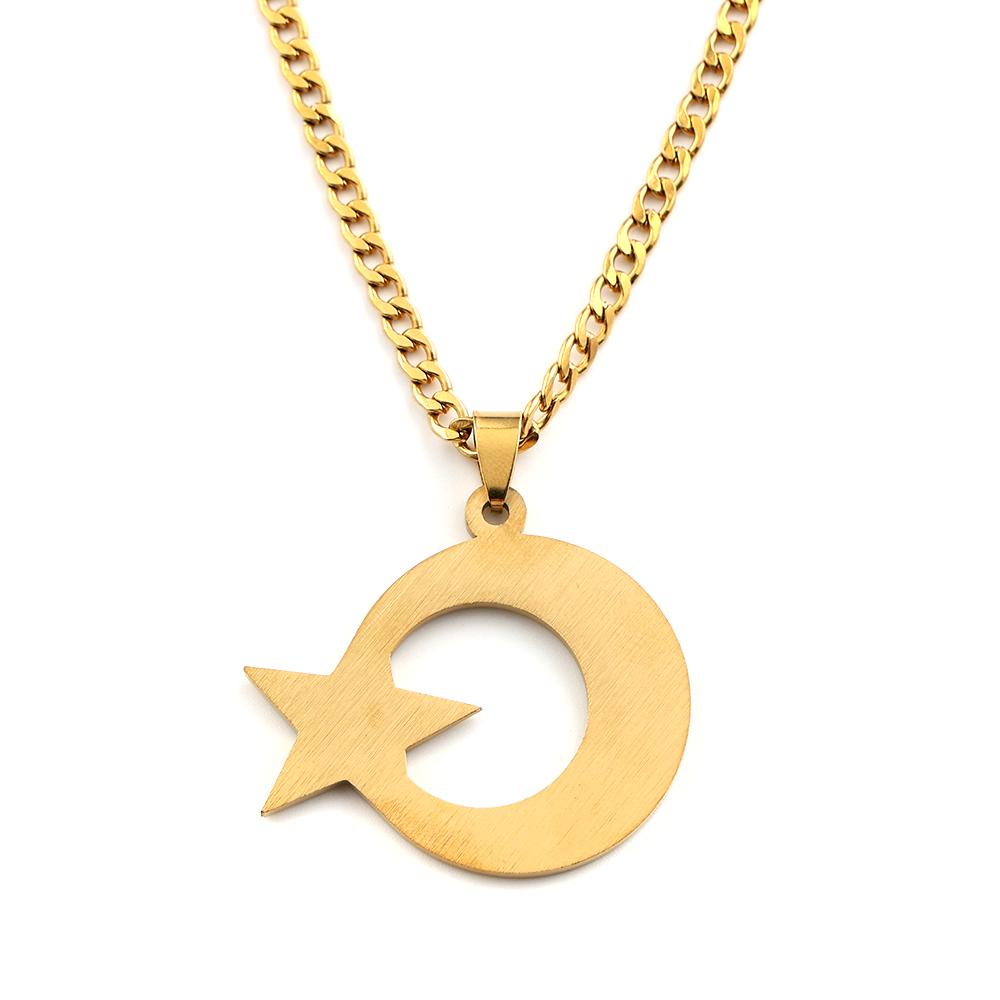 Arabic Muslim Star Crescent Moon Pendant Necklaces for Women Men Stainless Steel Islamic Rhinestones Talisman Chain Jewelry