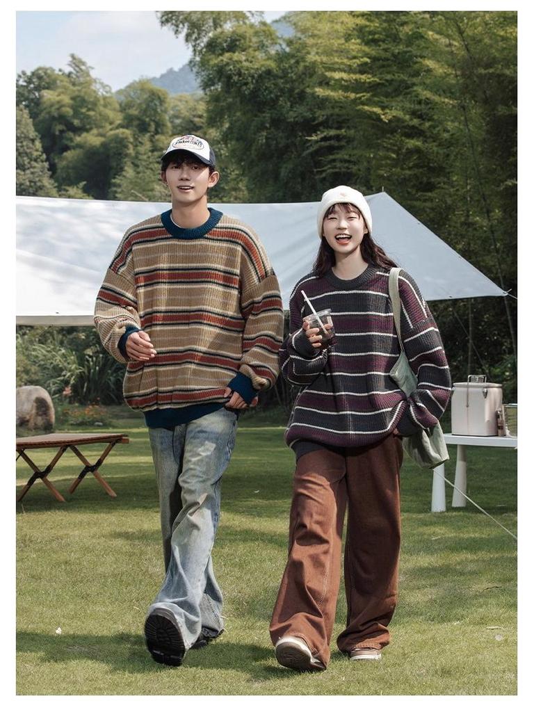 Mountain Style Retro Colorblock Stripe Sweater - Trendy American Knitwear for Couples (Autumn/Winter)