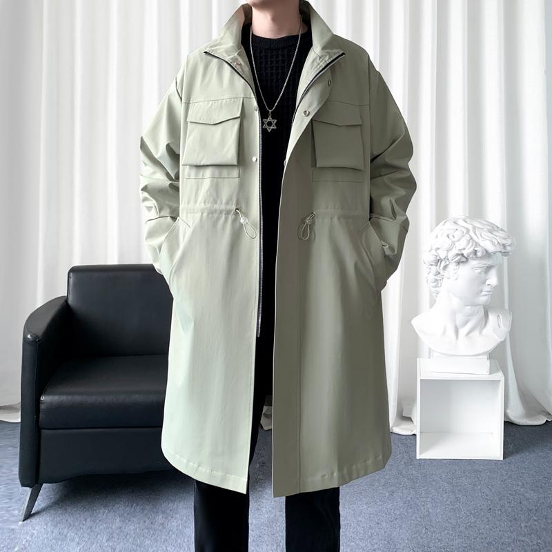 

Осеннее мужское однотонное тренчкот Мужское пальто оверсайз в гонконгском стиле Мужской корейский длинный плащ Мужское деловое повседневное пальто L армия зеленый