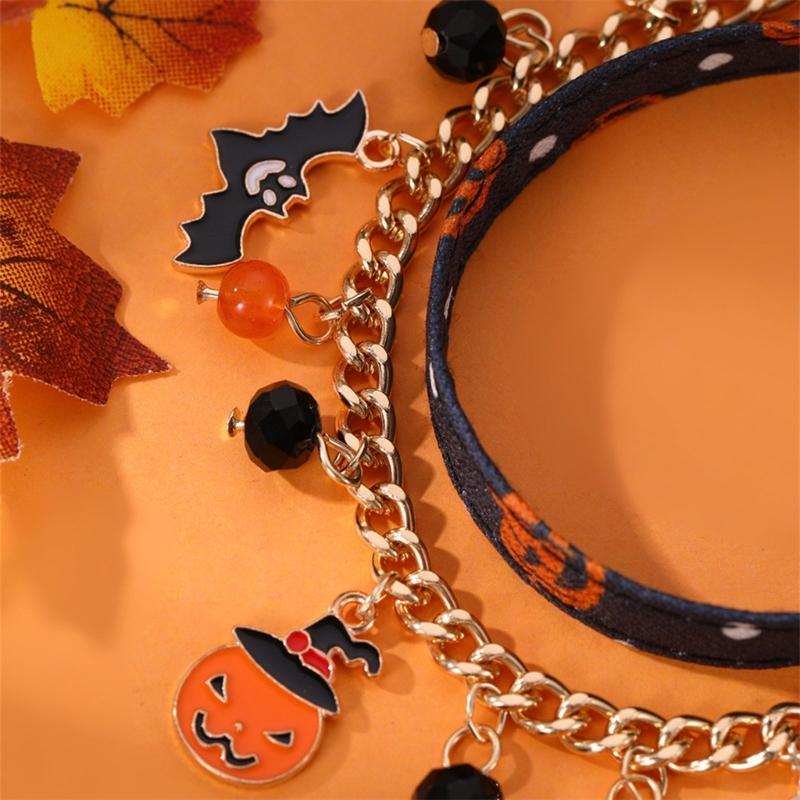 Halloween Beaded Bracelets Set Pumpkin Skull Bracelets for Women Jewelry Gift