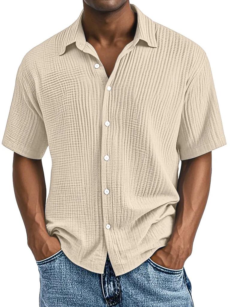 Men Light Blue Short Sleeve Button Down Shirt Casual Striped Linen Look Shirt