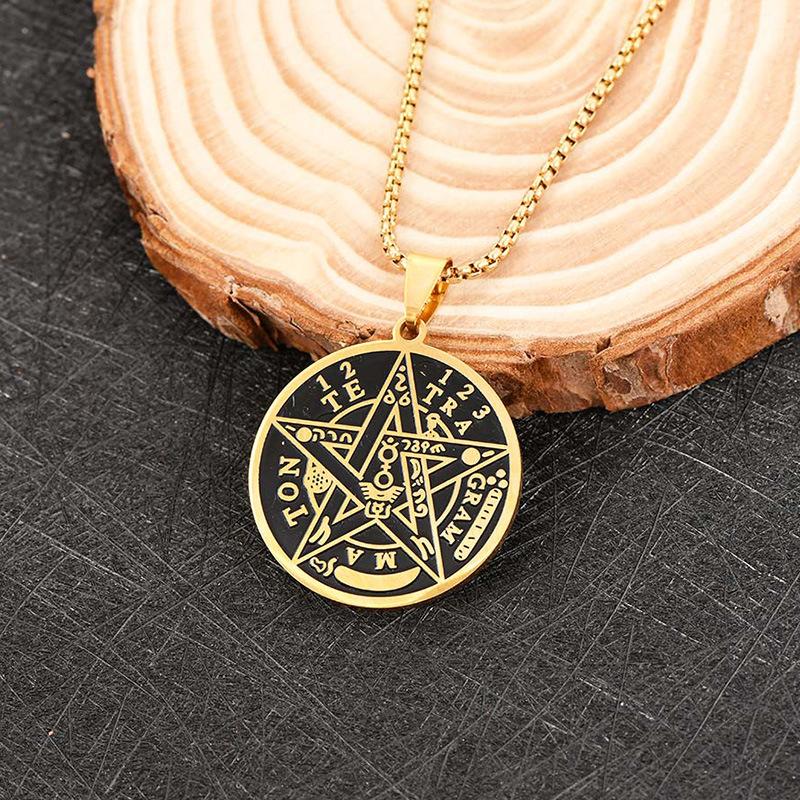 European and American pentagram Solomon seal Kabbalah amulet stainless steel hanging item men's titanium steel necklace jewelry
