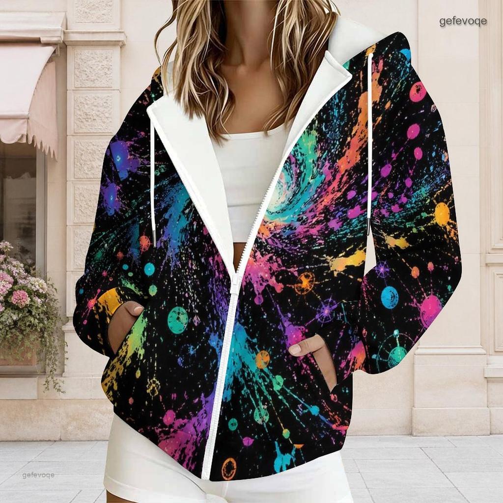 Women Plus Size Zip Up Hoodie Long Sleeve Drawstring Hood Pockets Green Beige Leaf Print Casual Top