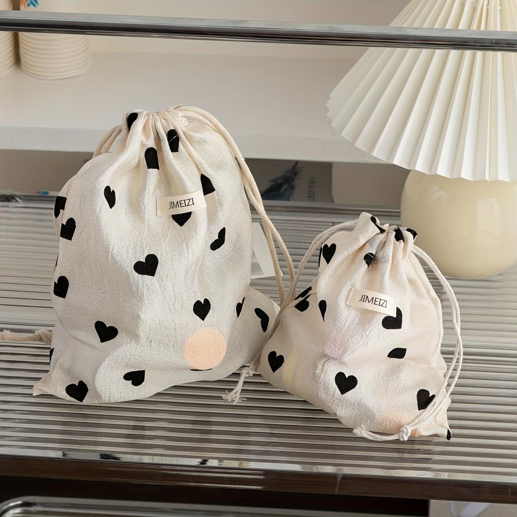 1pc Women's Drawstring Pouch - Beige & Black Heart Pattern Makeup Bag,Large Capacity Travel Organizer with Closure for Cosmetics