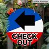 2D Flat Aluminum "CHECK OUT" Decorative Signs and Plaques, Available In Various Sizes. Blue, White, and Red Color Scheme with A Left Arrow Pattern
