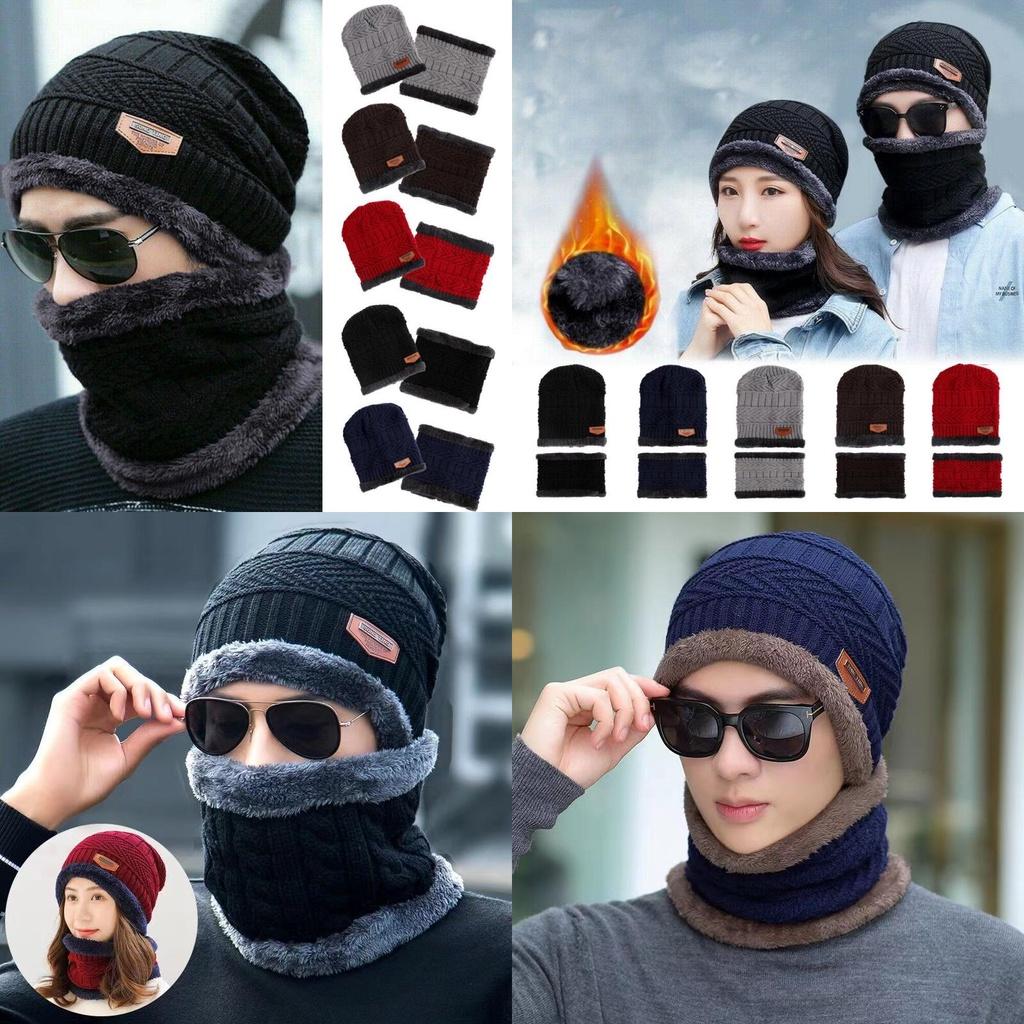 Winter Beanie Mens Hat And Scarf Set Warm Fleece Knitted Cap Unisex Couple