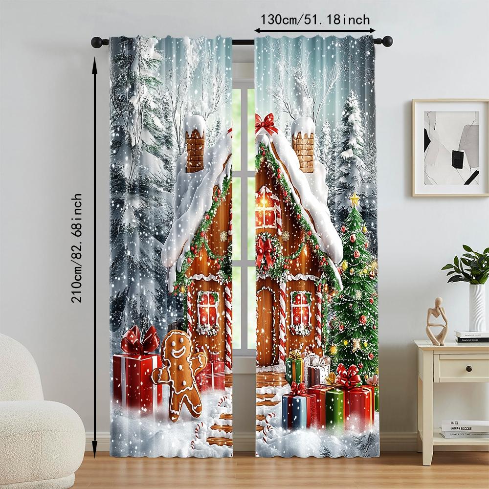 2Pcs Festive Christmas Gingerbread Window Curtains Rod Pocket Digital Printed Polyester Material Suitable For Living Room