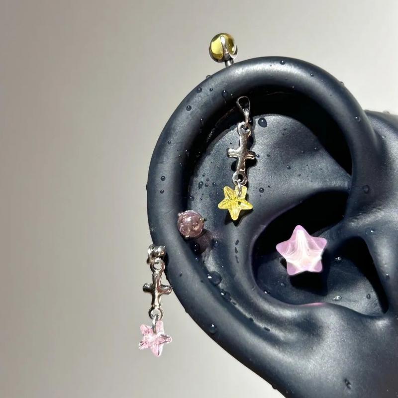 Cute Pink Red Zircon Star 316L Stainless Steel Annular Ear Bone Nail Fashion Delicate Cross Earring for Women Y2K Punk Jewelry