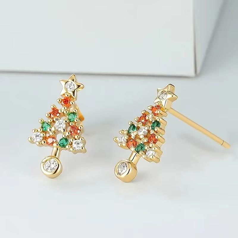 Huitan Shiny Christmas Tree Stud Earrings for Women Colorful Dazzling Cubic Zirconia Ear Accessories Chic Welcome Party