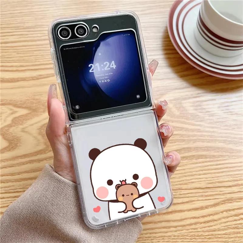 Cute Cartoon Bear Couple Paired Case for Samsung Galaxy Z Flip 6 ZFlip 5 Transaprent Clear Cover for Samsung ZFlip 4 3 7 Fundas