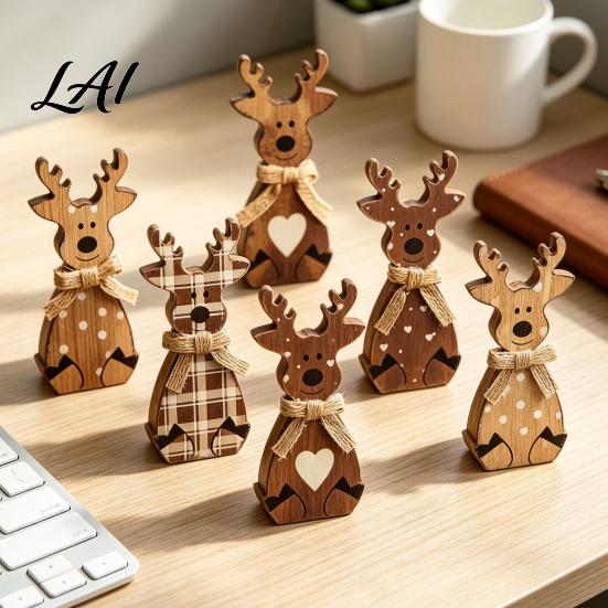 Rustic Christmas Table Decor Wooden Tabletop Decor Reindeer Animal Figurines Farmhouse Style Holiday Window Display Ornaments Tiered Tray Ornaments,