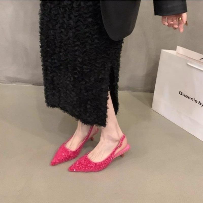 Fashion New Style Luxury French Fashion Pointed Sandals Burgundy Patent Crisscross Straps Metal Decor Slim Heels Open-Back Fairy Sandals