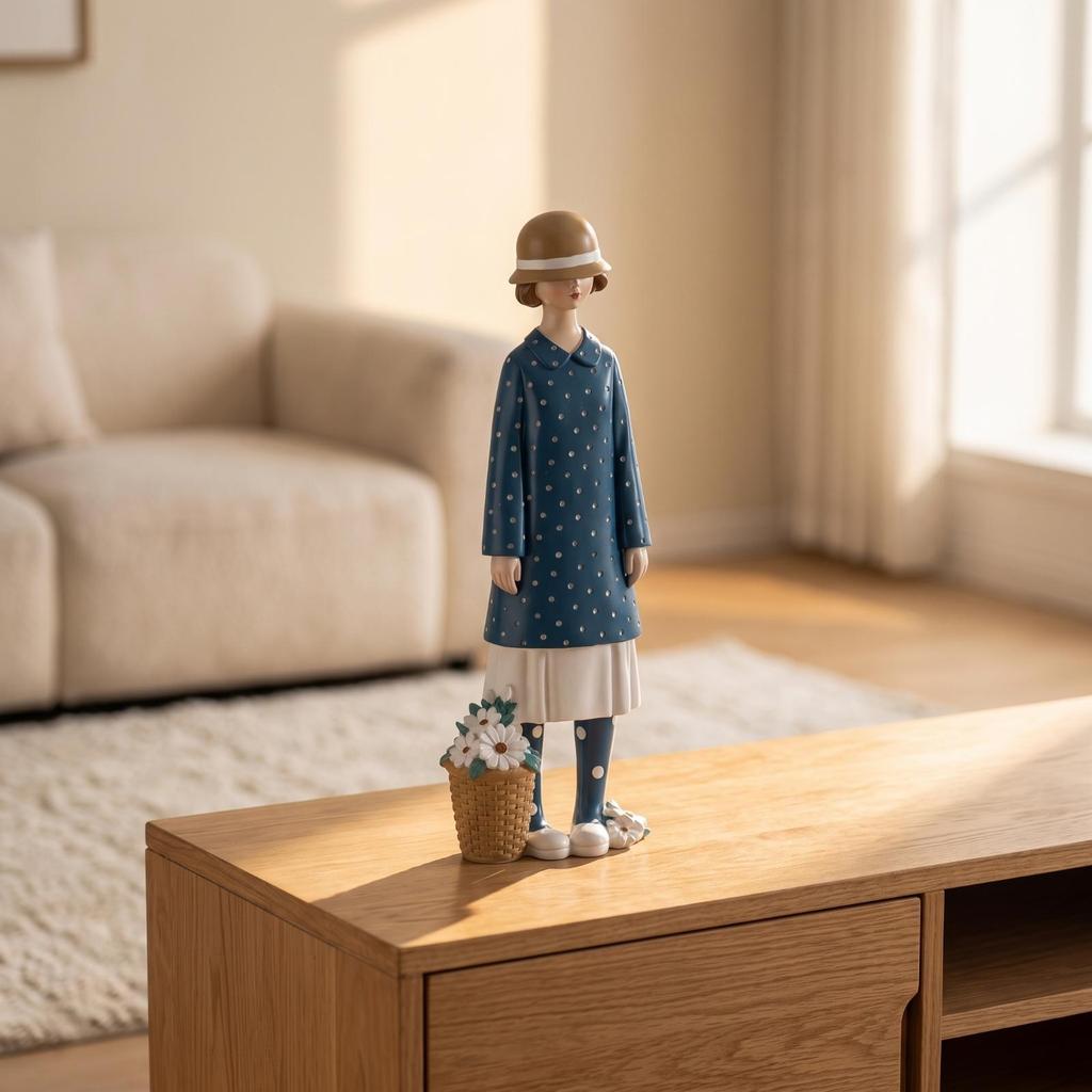 Girl Figurine with Hat Tabletop Desktop Ornament Resin for Home Decor