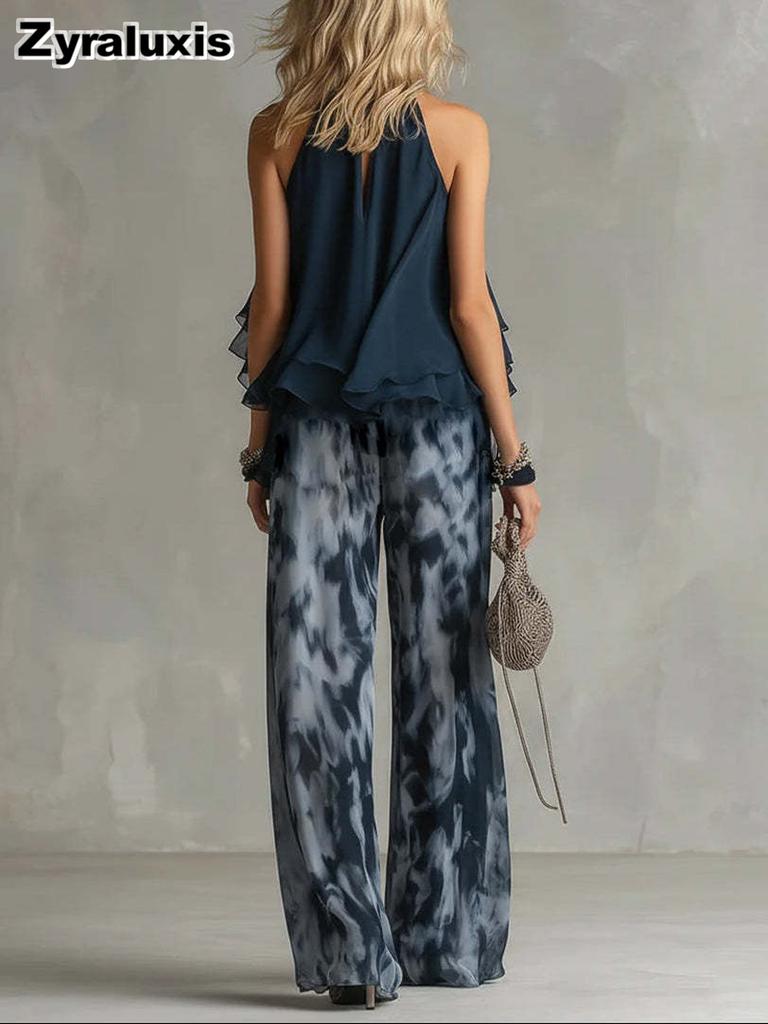 Summer New Sleeveless Vest Top & Printed Wide Leg Pants Chiffon Set