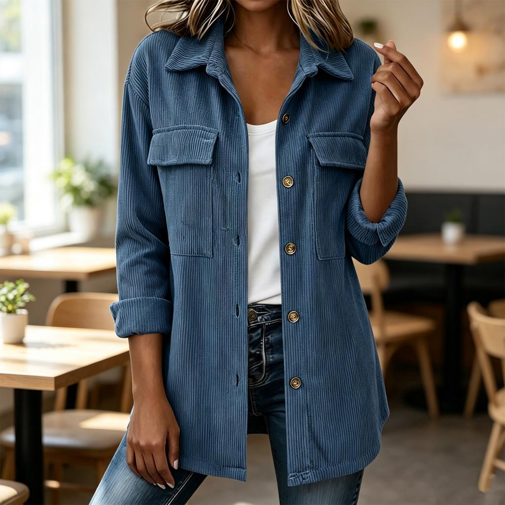 Women's loose corduroy button-down long-sleeved blouse with double pockets