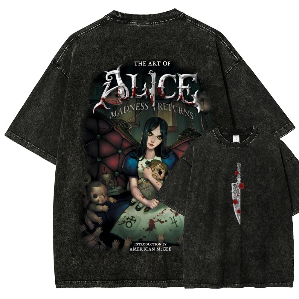 Alice Madness Returns Retro Washed Double Sided Print T‑Shirt Crew Neck Short Sleeve Street Tee for Dark Fantasy Game Lovers Men Women