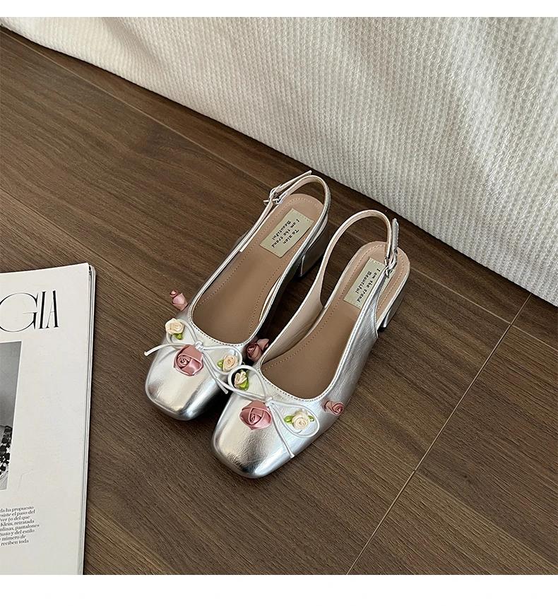 Fashion Medium Heeled Mary Jane Single Shoes 2024 New Women Shoes Fashion Elegant Flower Bow Pumps Square Toe Thick Heeled Ballet Shoes