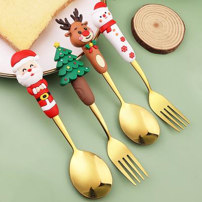 6pcs Stainless Steel Christmas Dinnerware Set Cake Fork Coffee Spoon Party Tableware Christmas Tree Moose Snowman Fork Spoon Set