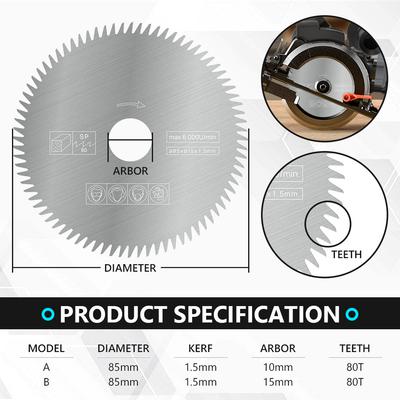 CMCP 85 mm Mini-Kreissägeblatt, 10/15 mm, 80 Zähne, elektrische Trennscheibe, Holz-/Metall-Trennscheibe, Zubehör für Elektrowerkzeuge