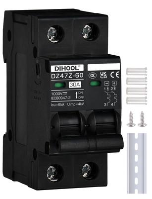DIHOOL DC Circuit Breaker, 2-Pole DC 12-1000V 30A Miniature Circuit Breaker for Solar Panel Controllers and Solar Panels In Solar Power Systems