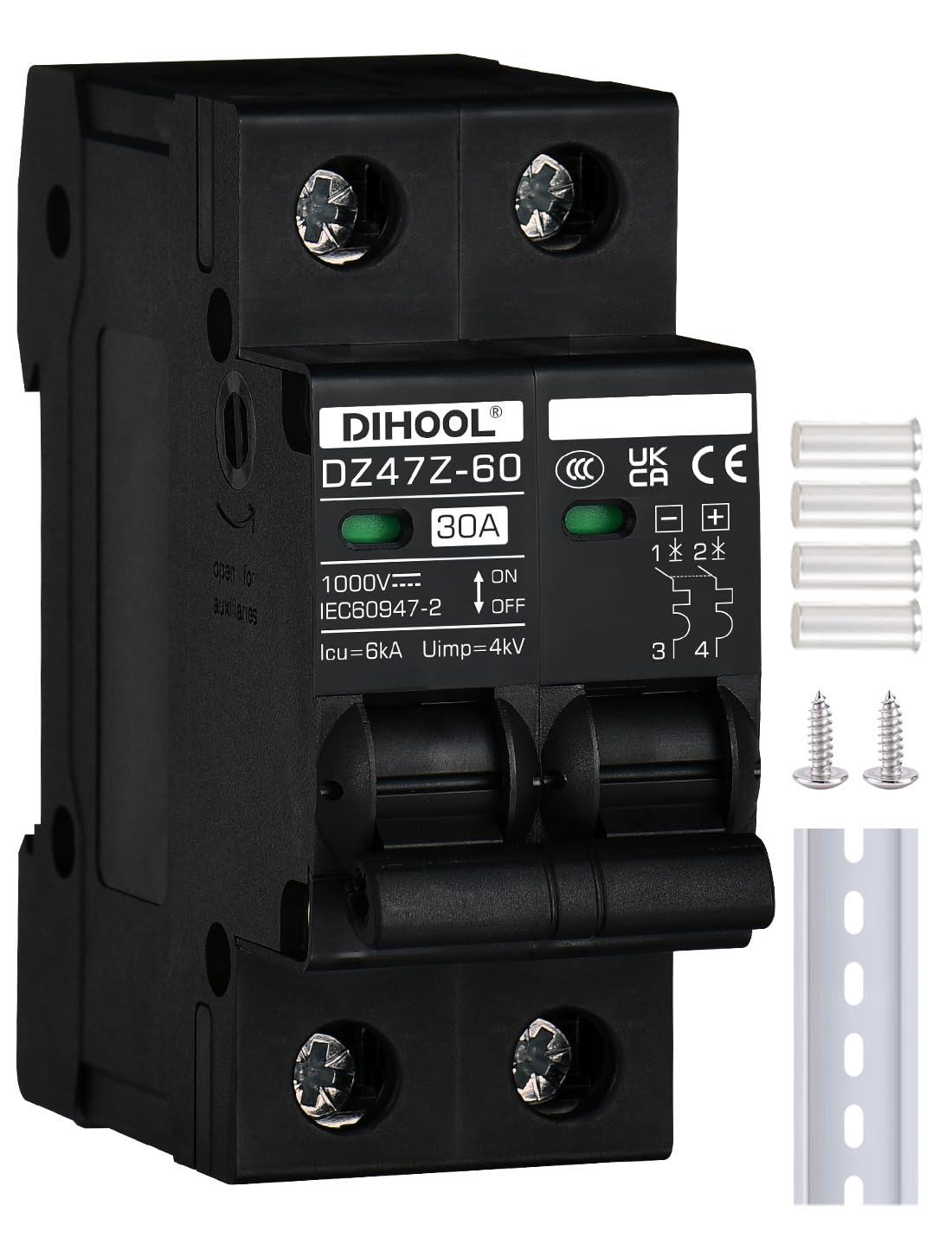 

DIHOOL DC Circuit Breaker, 2-Pole DC 12-1000V 30A Miniature Circuit Breaker for Solar Panel Controllers and Solar Panels in Solar Power Systems
