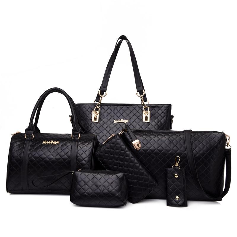 

New mother and child women s bags solid color six-piece set woven large-capacity portable shoulder bag diamond messenger bag fashionable чорний