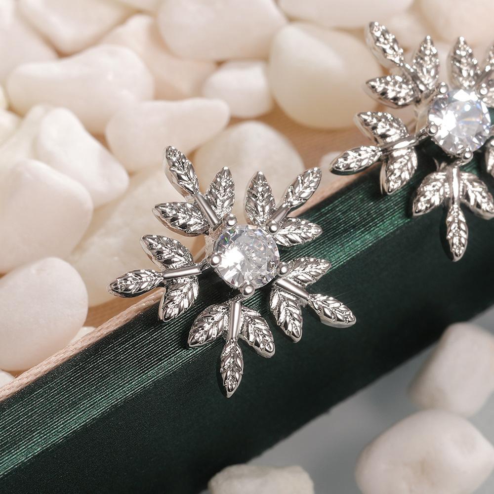 Silver Plated Leaf Snowflake CZ Stud Earrings, Sparkling Nature-Inspired Crystal Studs for Women