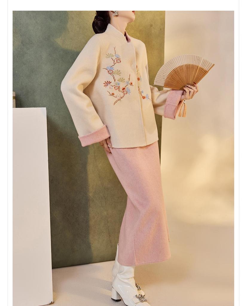 Autumn/Winter Double-Sided Wool Color Block Suit: Stand Collar Frog Button Top + Skirt Set (NX009)