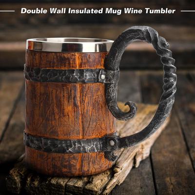 550ml Viking Wood Style Beer Mug Christmas Gift Simulation Wooden Barrel Beer Cup Double Wall Drinking Mug Metal Insulated