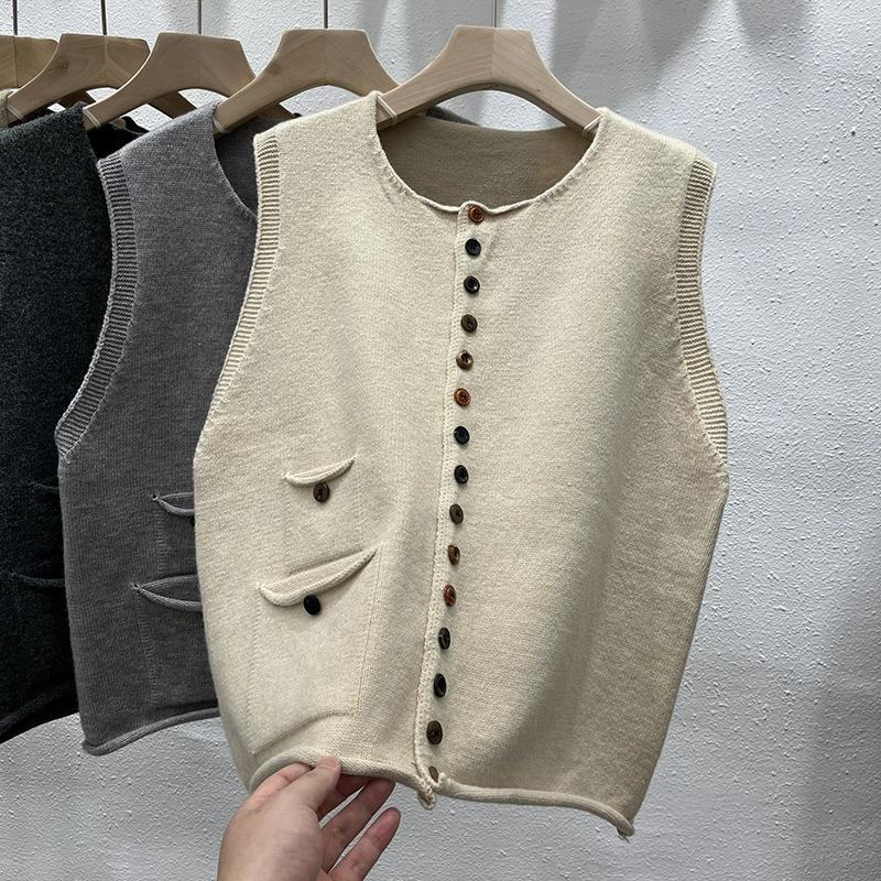 Dimanaf 2025 Høst Dame Knapper Ermeløs Vest Gensere Stil Løs Strikk Casual Genser