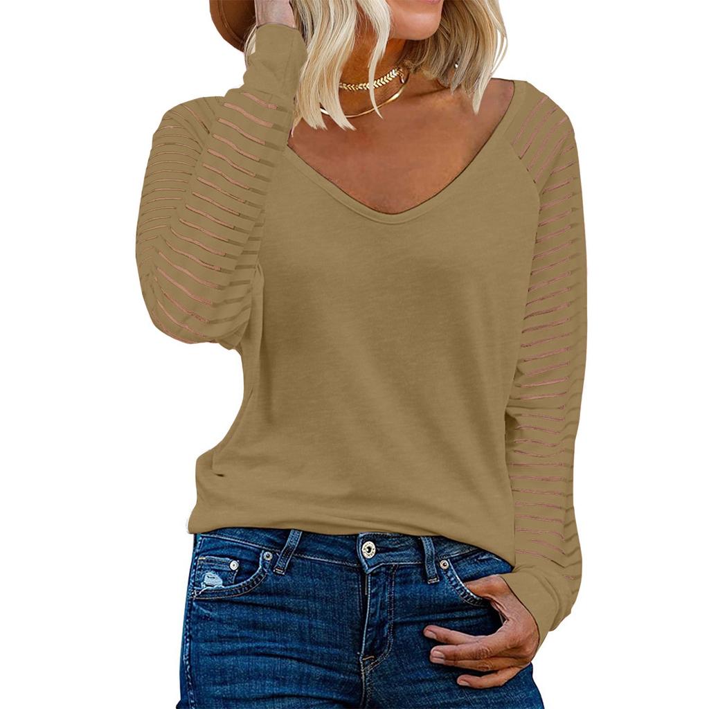Women's Patchwork Long Sleeved Top Striped Casual Loose Shirt Solid Color Top V Neck  Top