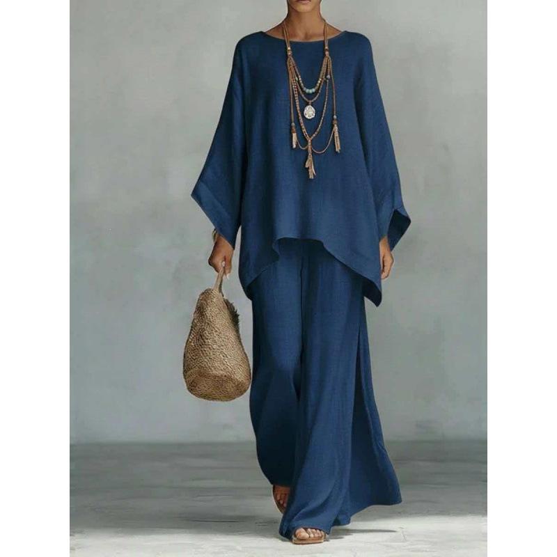 New 1116 European and American new women's elegant simple loose solid color shirt wide-leg pants set